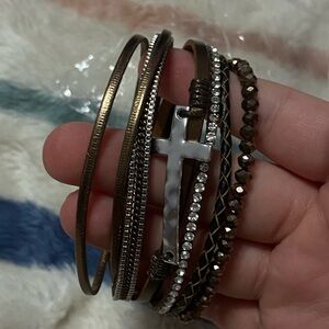 NWOT! Elegant Brown and Silver Cross Bracelet Set